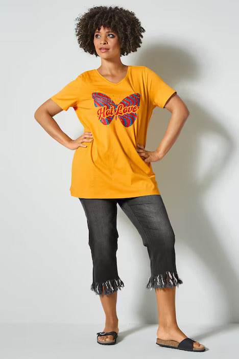 Capri jeans, slim fit, fringed hem, 5-pocket - Grey