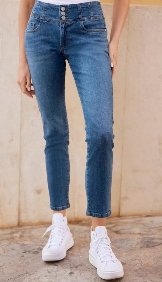 High-Rise Slim Fit Jeans with Decorative Buttons