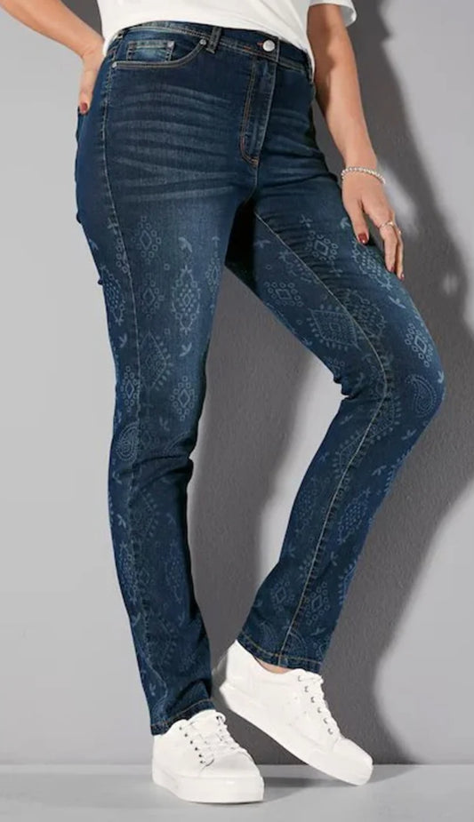 Jeans, Slim Fit, Alloverdruck, 5-Pocket - Dark Blue
