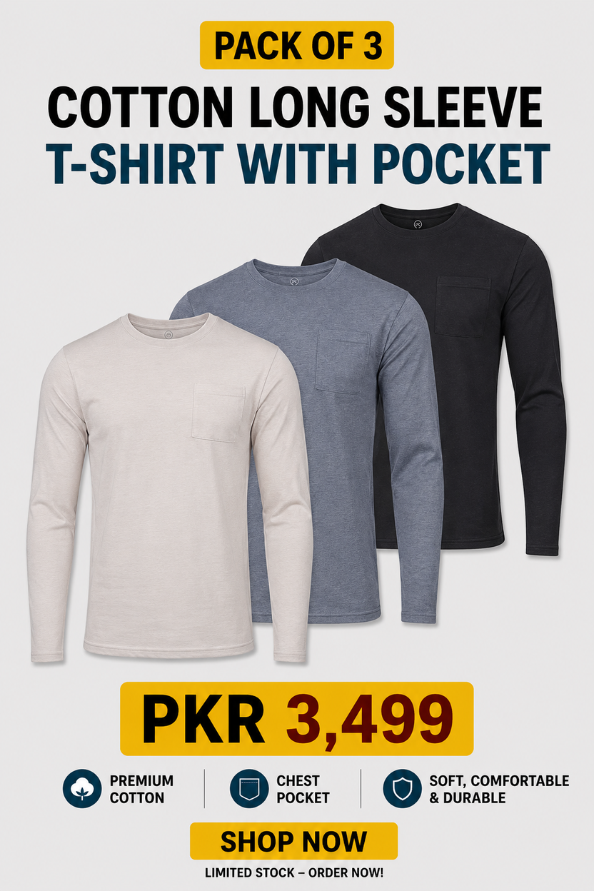 Pack of 3 Cotton Long Sleeve T-Shirt with Pocket - Off White, Grey, Black