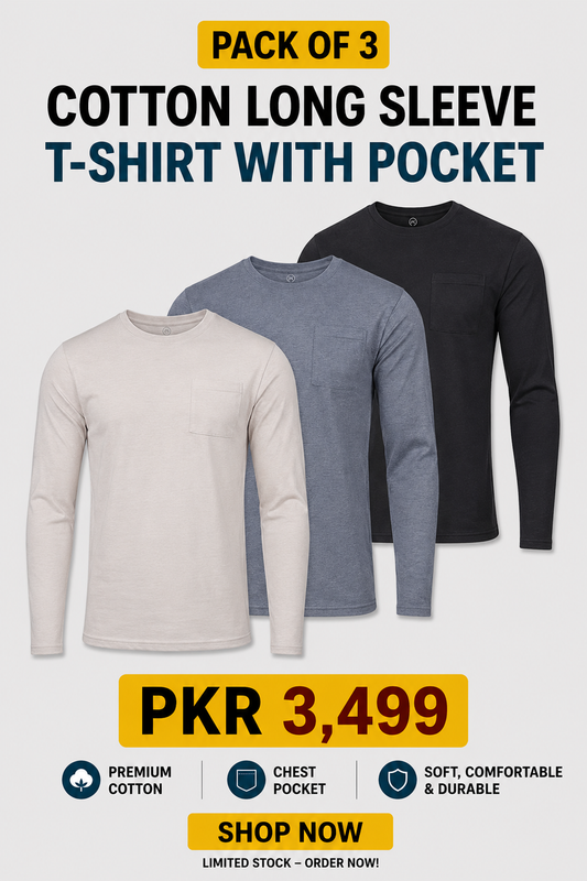 Pack of 3 Cotton Long Sleeve T-Shirt with Pocket - Off White, Grey, Black