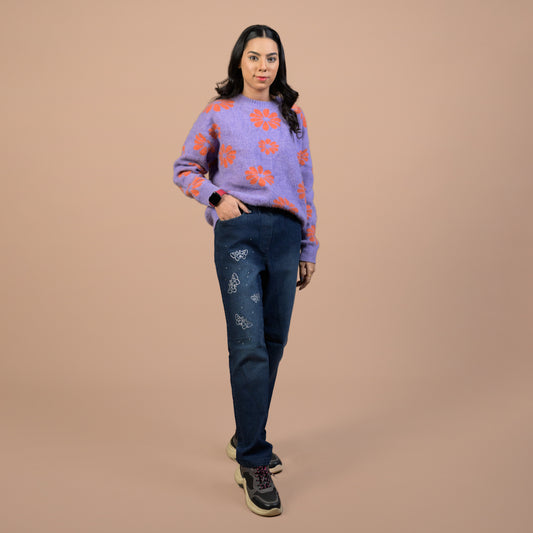 Rhinestone Butterfly Embellished | Denim Trousers For Women