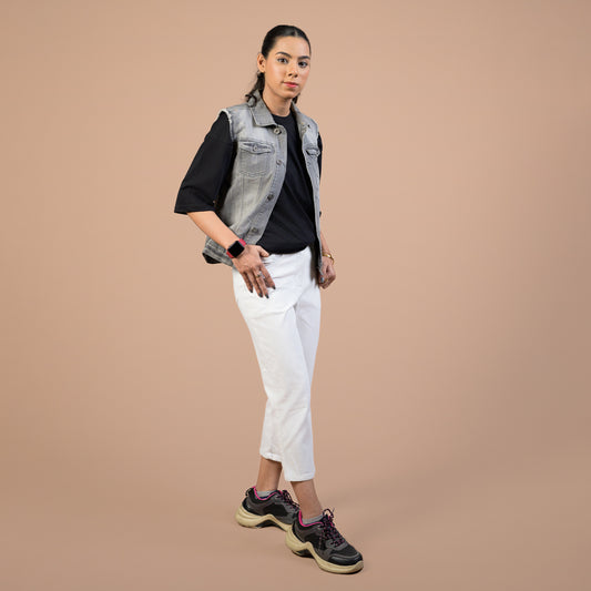 White Regular Fit Denim Capri