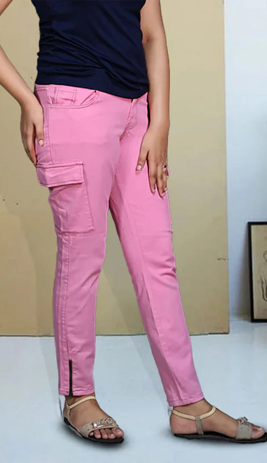 Pink Twill Cargo Pants with Bottom Hem Zippers