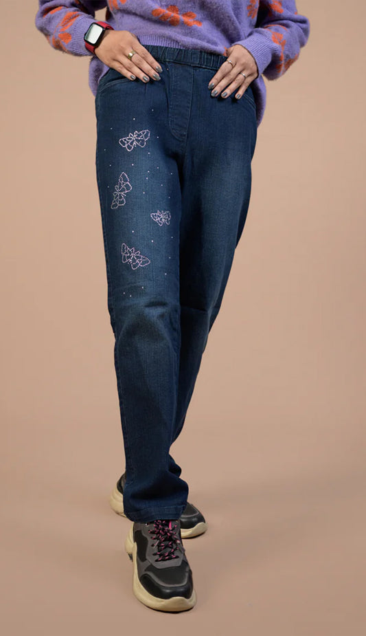 Rhinestone Butterfly Embellished | Denim Trousers For Women