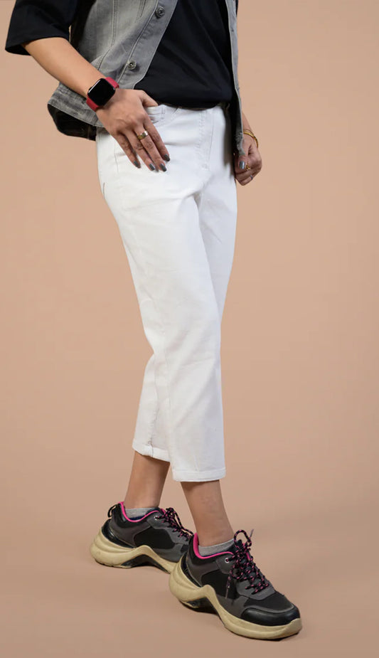 White Regular Fit Denim Capri