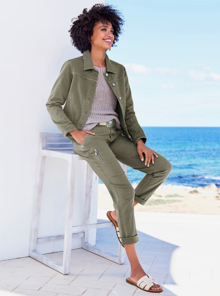 Crinkle-Effect Twill Pants with Decorative Zip Pockets