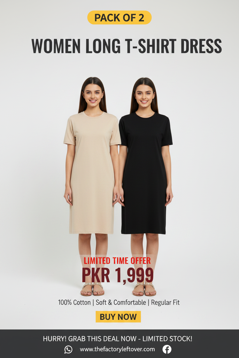 Pack of 2 Women's Long T-Shirt Dress in Beige and Black