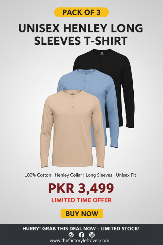 Pack of 3 Unisex Henley Long Sleeve T-Shirts in Beige, Steel Blue and Black