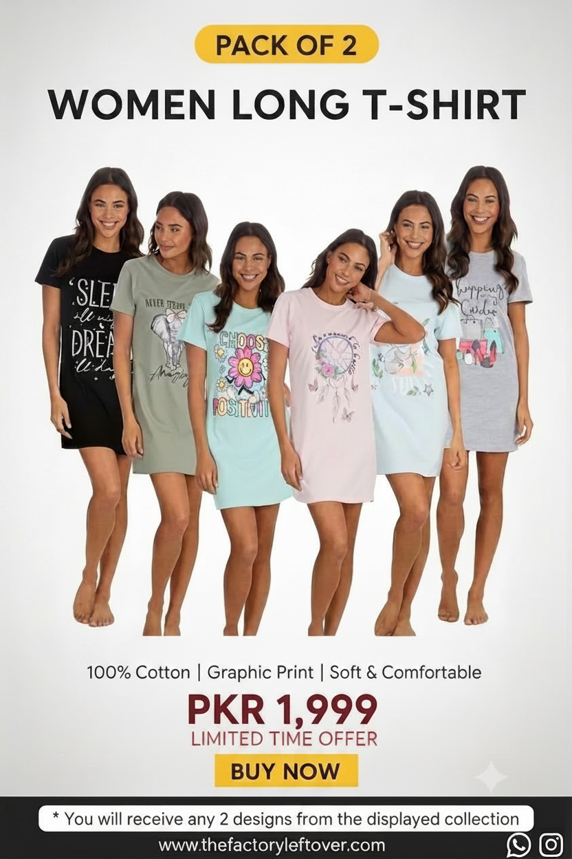Pack of 2 Women's Long Graphic T-Shirts – 100% Cotton bundle