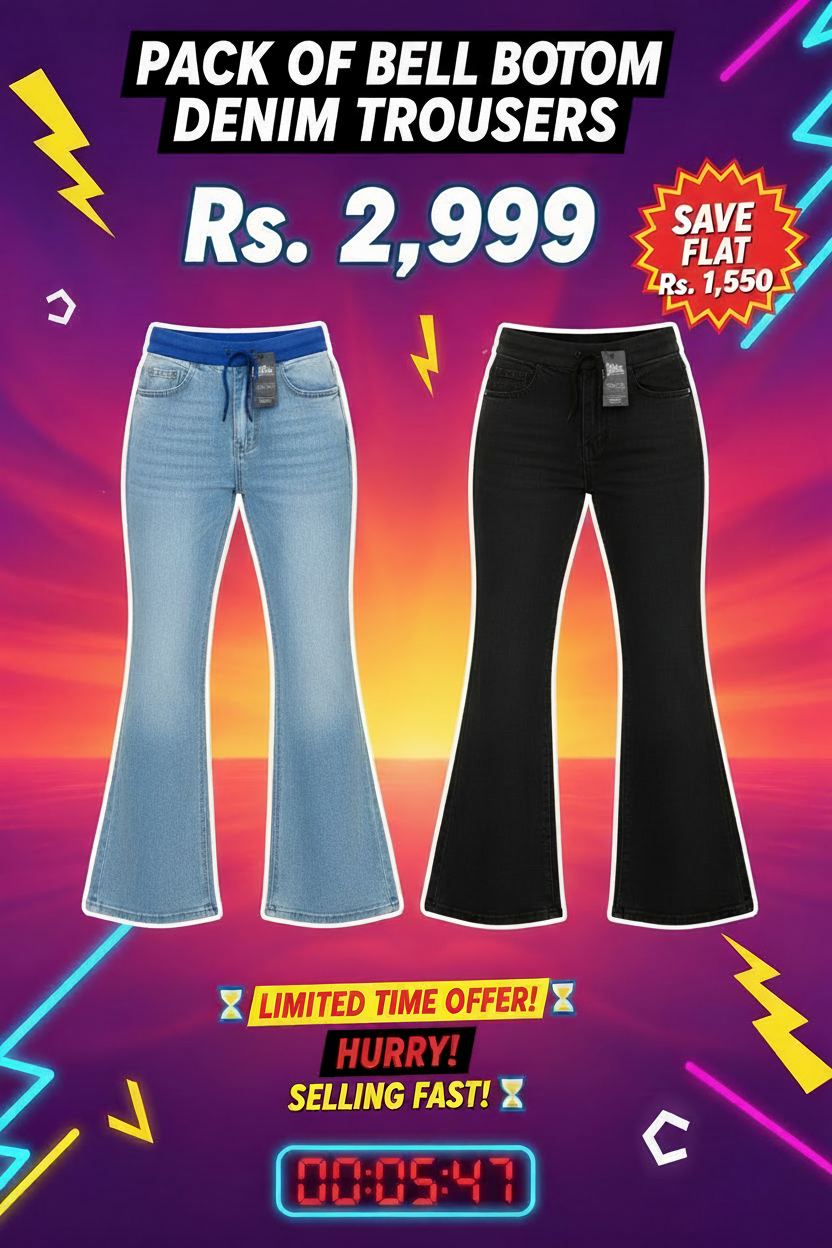 Pack of 2 Bell Bottom Denim Trousers | UNISEX Flared Jeans Combo for Men & Women