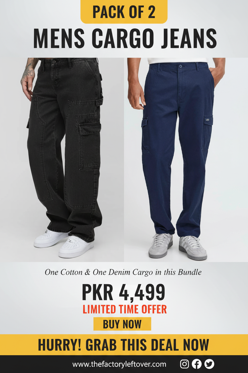 Pack of 2 Men's Cargo Jeans – Cotton & Denim Bundle