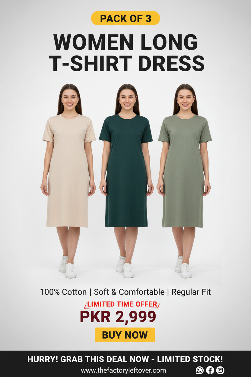 Pack of 3 Women's Long T-Shirt Dress – Soft Cotton Casual Bundle