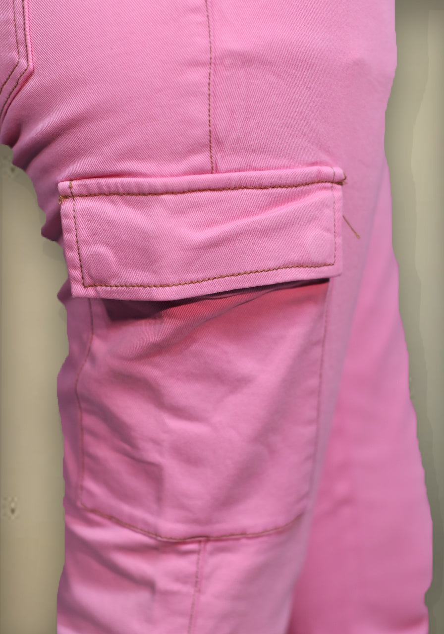 Pink Twill Cargo Pants with Bottom Hem Zippers