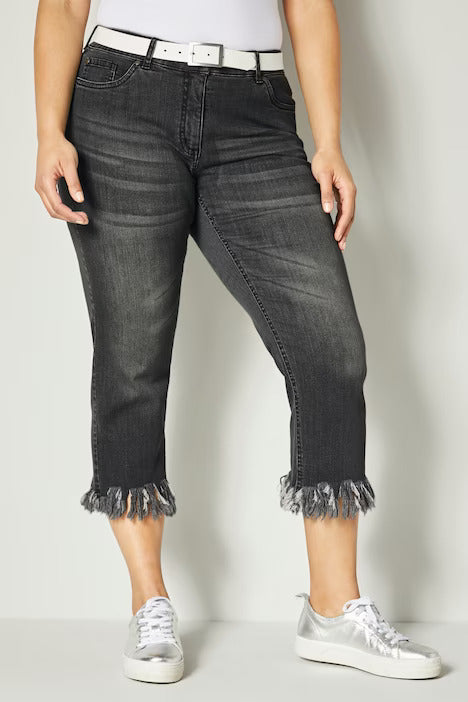 Capri jeans, slim fit, fringed hem, 5-pocket - Grey