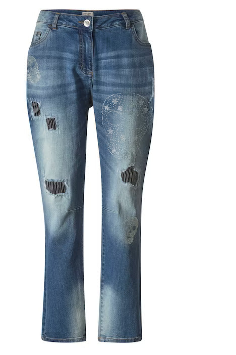 Boyfriend jeans, glitter skulls, destroyed effects, 5-pocket