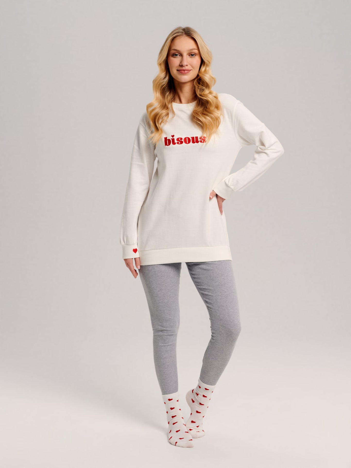 Women's Rib Knit Cotton Sweatshirt with Bisous Print