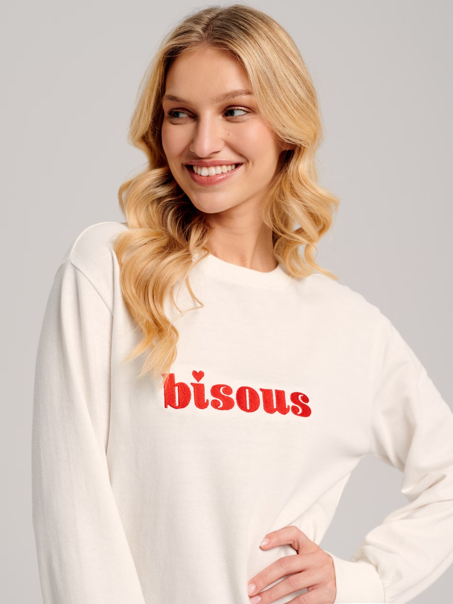 Women's Rib Knit Cotton Sweatshirt with Bisous Print