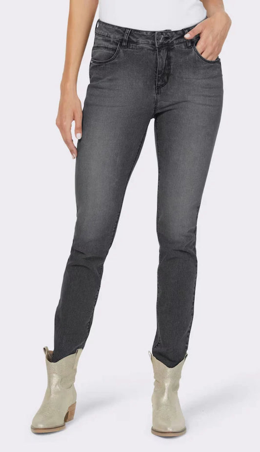 Slim Fit Stretch Jeans with Fringe Hem and Decorative Buttons
