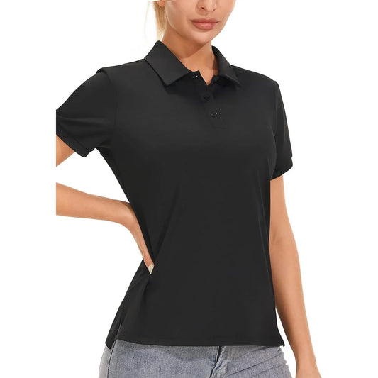 BLACK WOMEN'S SHORT SLEEVE POLO, DRY FIT