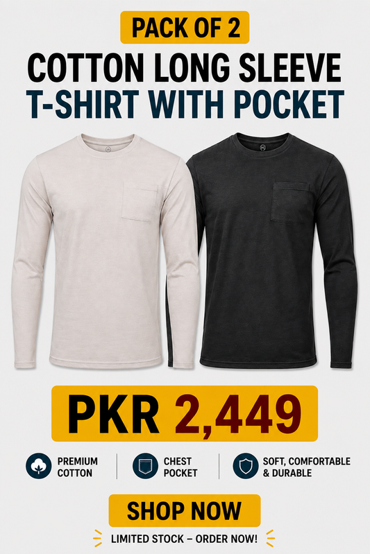 Pack of 2 Cotton Long Sleeve T-Shirt with Pocket | Fit for all Body Types