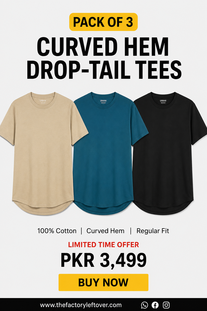 Pack of 3 Curved Hem Drop-tail T-Shirts | Premium Cotton Bundle