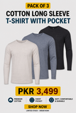 Pack of 3 Cotton Long Sleeve T-Shirt with Pocket - Off White, Grey, Black