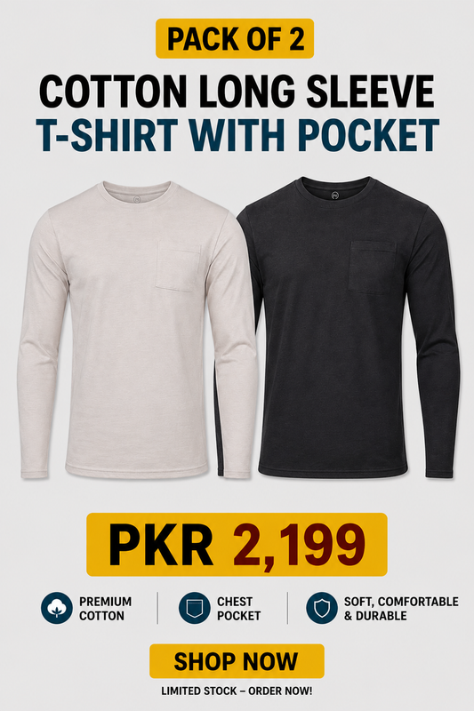 Pack of 2 Cotton Long Sleeve T-Shirt with Pocket - Off White and Black