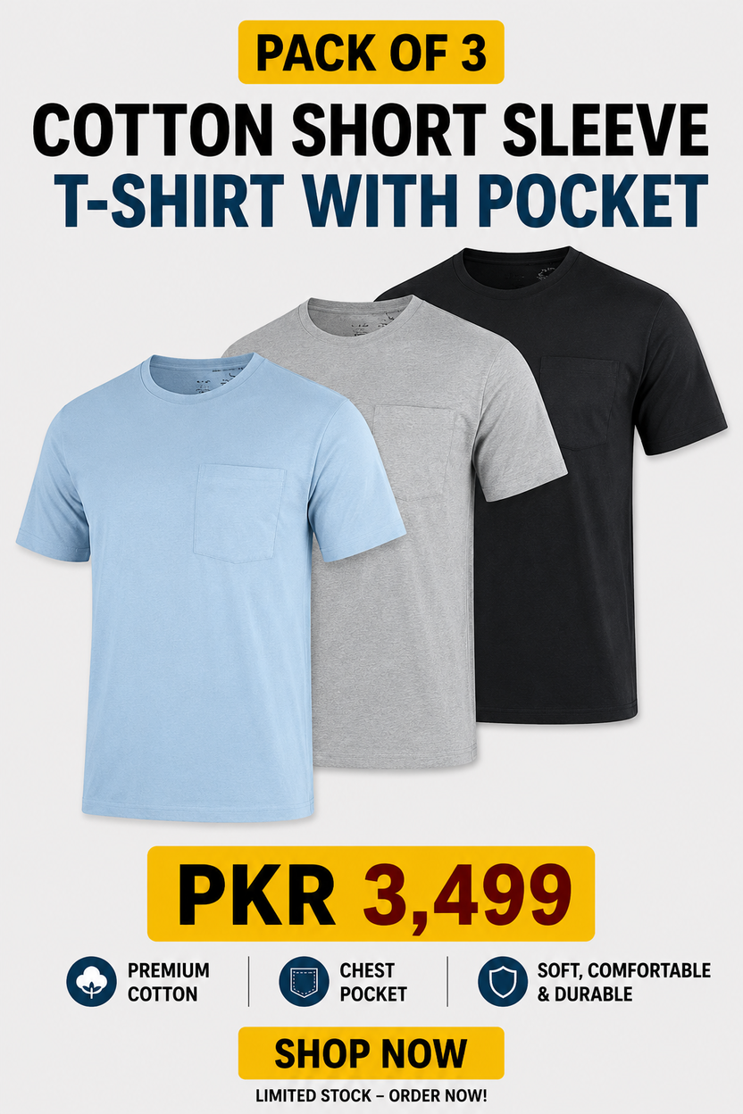 Pack of 3 Cotton Short Sleeve T-Shirt with Pocket - Sky Blue, Grey and Black