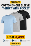 Pack of 3 Cotton Short Sleeve T-Shirt with Pocket - Sky Blue, Grey and Black