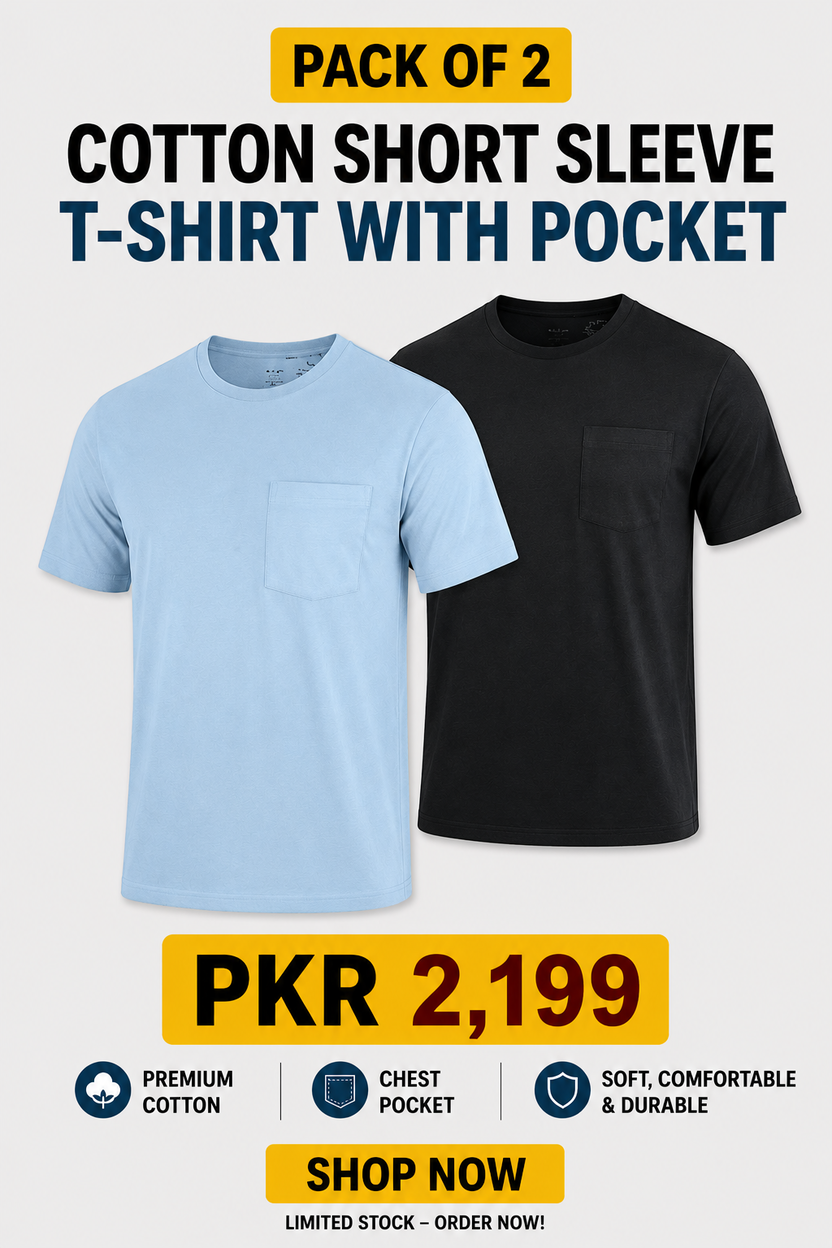 Pack of 2 Cotton Short Sleeve T-Shirt with Pocket - Sky Blue and Black