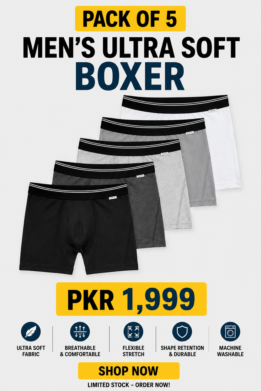 Pack of 5 Men's Ultra Soft Boxer - Black, Dark Grey, Grey, Light Grey and White