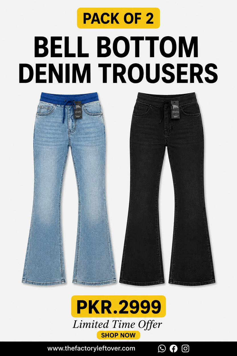 Pack of 2 Bell Bottom Denim Trousers | UNISEX Flared Jeans Combo for Men & Women