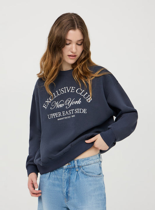 Women's College-Style Embroidered Sweatshirt - Blue