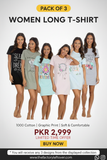 Pack of 3 Women's Long Graphic T-Shirts – 100% Cotton bundle
