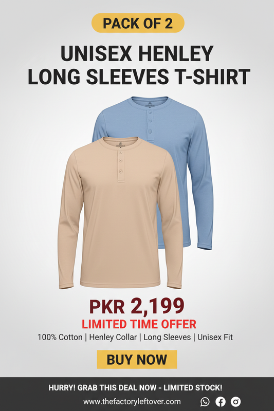Pack of 2 Unisex Henley Long Sleeve T-Shirts in Beige and Steel Blue