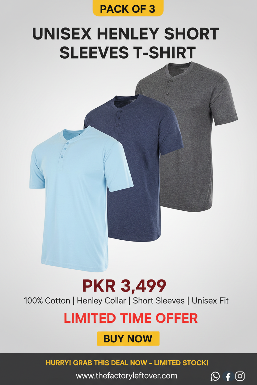 Pack of 3 Unisex Henley Short Sleeve T-Shirts in Light Blue, Navy and Charcoal