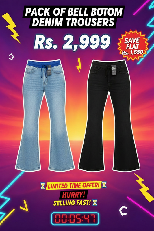 Pack of 2 Bell Bottom Denim Trousers | UNISEX Flared Jeans Combo for Men & Women