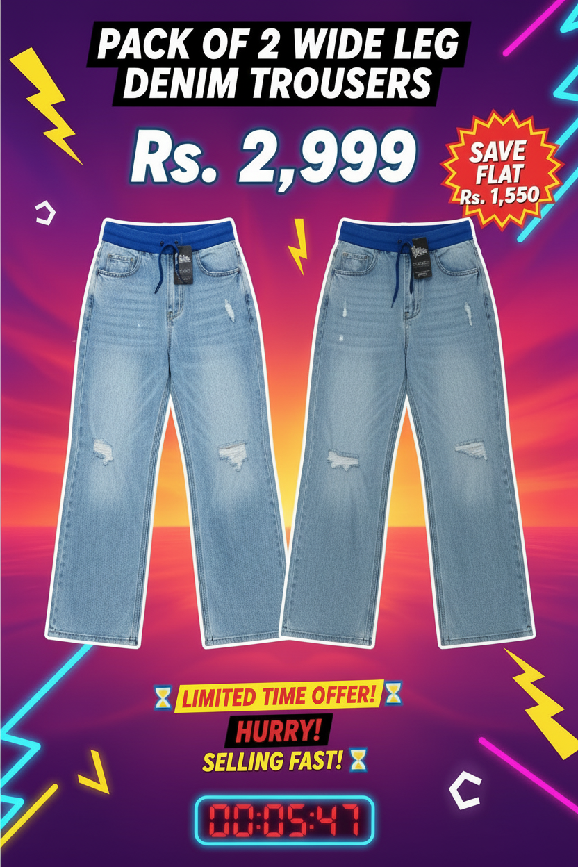 Pack of 2 Wide Leg Denim Trousers | UNISEX Grunge Distressed Jeans for Men & Women