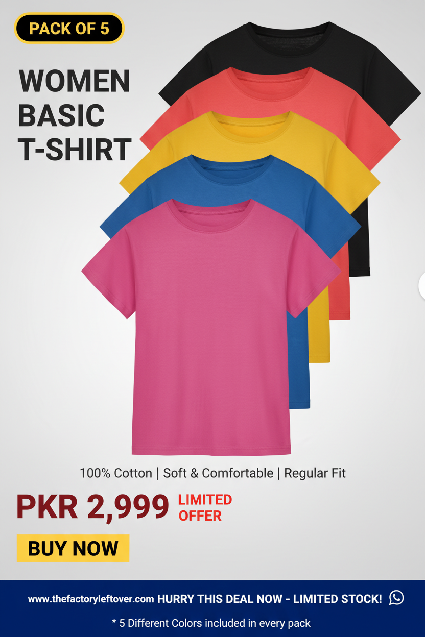 Pack of 5 Women's Basic T-Shirt – Solid Colors Cotton Bundle